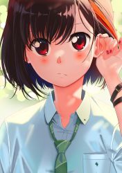 Rule 34 | 1girl, bang dream!, black hair, blurry, bokeh, bracelet, breast pocket, collared shirt, commentary request, depth of field, green necktie, highres, jewelry, light frown, looking at viewer, mitake ran, multicolored hair, nail polish, necktie, pocket, poligon (046), polo shirt, red eyes, red hair, red nails, shirt, short hair, short sleeves, solo, streaked hair, striped necktie, striped neckwear, tucking hair, upper body, white shirt