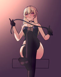 Rule 34 | 1girl, bang dream!, bare shoulders, black gloves, black panties, black thighhighs, blonde hair, blush, breasts, cleavage, closed mouth, corset, crossed legs, dominatrix, fishnets, foot focus, foot out of frame, foreshortening, from below, frown, gloves, gradient background, half updo, highres, holding, holding whip, lips, long hair, looking at viewer, looking down, medium breasts, panties, panty straps, ptal, purple background, purple eyes, serious, shirasagi chisato, sitting, sleeveless, soles, solo, thighhighs, underwear, whip