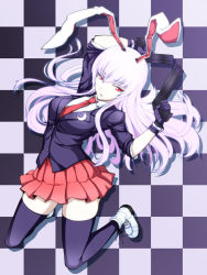 Rule 34 | 1girl, animal ears, black thighhighs, blazer, checkered background, crescent, d-owl, dual wielding, female focus, gloves, gun, holding, jacket, long hair, necktie, purple hair, rabbit ears, red eyes, red necktie, reisen udongein inaba, solo, thighhighs, touhou, weapon