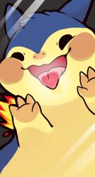 Rule 34 | against wall, black eyes, creatures (company), fire, game freak, gen 2 pokemon, highres, huiro, licking, nintendo, no humans, open mouth, pokemon, pokemon (creature), smile, solo, tongue, tongue out, typhlosion