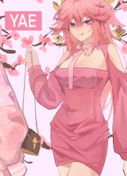 Rule 34 | 2girls, absurdres, animal ears, bag, bare shoulders, branch, character name, cherry blossoms, closed mouth, dress, earrings, fox ears, genshin impact, highres, holding, holding bag, jacket, jewelry, long hair, long sleeves, multiple girls, pink background, pink dress, pink hair, pink jacket, purple eyes, shiba257, tongue, tongue out, yae miko