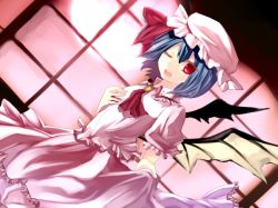 Rule 34 | 1girl, ;d, bad id, bad pixiv id, bat wings, blue hair, dutch angle, female focus, full moon, hat, kame, moon, one eye closed, open mouth, pink hat, red eyes, red moon, remilia scarlet, short hair, skirt hold, smile, solo, touhou, wings