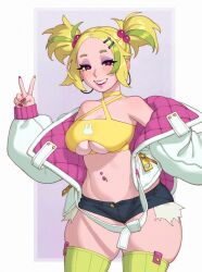 Rule 34 | 1girl, bare arms, bare shoulders, blonde hair, breasts, chipped tooth, cleavage, clothing cutout, freckles, green hair, highres, jacket, large breasts, looking at viewer, multicolored hair, navel, open clothes, open jacket, riz, saya (riz), short twintails, smile, solo, thick eyebrows, thick thighs, thighhighs, thighs, twintails, underboob, underboob cutout