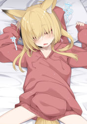 Rule 34 | 1girl, animal ear fluff, animal ears, bed sheet, blonde hair, brown hoodie, closed eyes, collarbone, commentary request, drawstring, drooling, facing viewer, fox ears, fox girl, fox tail, gluteal fold, hair over eyes, highres, hood, hood up, hoodie, long sleeves, lying, nabari (ogami kazuki), ogami kazuki, on back, open mouth, original, pillow, pinching sleeves, puffy long sleeves, puffy sleeves, saliva, sleeping, sleeves past wrists, solo, spread legs, tail