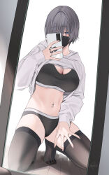 Rule 34 | 1girl, absurdres, black panties, blue eyes, blush, breasts, brown thighhighs, cellphone, cleavage, clothes lift, commentary request, grey hair, grey hoodie, hair over one eye, highres, holding, holding phone, hood, hood down, hoodie, hoodie lift, jewelry, long sleeves, looking at viewer, mask, medium breasts, mirror, mouth mask, navel, navel piercing, original, panties, phone, piercing, puffy long sleeves, puffy sleeves, reflection, rerrere, ring, selfie, short hair, signature, sleeves past wrists, solo, sports bra, squatting, thighhighs, underwear, wooden floor