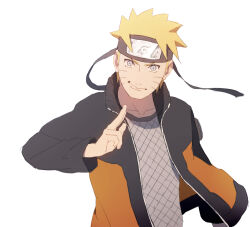 Rule 34 | 1boy, blonde hair, closed mouth, commentary, commentary request, english commentary, forehead protector, headband, hood, hoodie, jacket, long sleeves, looking at viewer, male focus, mixed-language commentary, naruto (series), naruto shippuuden, ninja, open clothes, open jacket, short hair, simple background, smile, solo, spiked hair, subuta (butabutasubuta), upper body, uzumaki naruto, white background