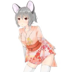Rule 34 | 1girl, absurdres, alternate costume, alternate hairstyle, animal ears, blush, brown eyes, collarbone, cowboy shot, floral print, grey hair, hair between eyes, heart, heart-shaped pupils, highres, japanese clothes, kimono, leaning forward, long sleeves, mouse ears, nazrin, netamaru, obi, parted lips, ponytail, sash, short hair, short kimono, solo, symbol-shaped pupils, thighhighs, touhou, white background, white thighhighs, wide sleeves