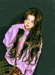Rule 34 | 1girl, absurdres, animification, bag, black background, brown bag, brown eyes, brown hair, brown skirt, finger in own mouth, handbag, highres, jewelry, k-pop, long hair, looking to the side, mamamoo, necklace, pink sweater, plaid, plaid skirt, real life, siiideee, skirt, solo, sweater, wheein (mamamoo)