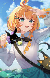 Rule 34 | 1girl, :3, ahoge, alternate costume, animal bag, backlighting, bag, bell, blonde hair, blue sky, blush, breasts, cat bag, cloud, commentary, cowboy shot, english commentary, green eyes, green skirt, hair bobbles, hair ornament, hairclip, hand up, highres, long sleeves, looking at viewer, lucie (millie parfait), millie parfait, nijisanji, nijisanji en, open mouth, outdoors, shirt, short hair, skirt, sky, small breasts, smile, sy509, virtual youtuber, white shirt