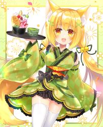 Rule 34 | 1girl, :d, animal ear fluff, animal ears, argyle, argyle clothes, argyle kimono, bell, black bow, blonde hair, blush, bow, breasts, brown eyes, commentary request, food, fox ears, fox girl, fox tail, green kimono, green ribbon, hair bell, hair between eyes, hair ornament, hair ribbon, hairclip, hand up, highres, holding, holding tray, japanese clothes, jingle bell, kimono, lolita fashion, long hair, long sleeves, looking at viewer, low twintails, medium breasts, obi, open mouth, original, ribbon, sash, shikito (yawa0w0), smile, solo, tail, thighhighs, tray, twintails, very long hair, wa lolita, white thighhighs, wide sleeves, x hair ornament