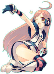 Rule 34 | 1girl, ahoge, android, armpits, ass, belt, boots, brown eyes, brown hair, dress, gloves, headphones, joints, kneehighs, no panties, one eye closed, open mouth, robot joints, sf-a2 miki, smile, socks, solo, star (symbol), striped clothes, striped gloves, striped socks, takei ooki, thighhighs, vocaloid, wink, wrist cuffs