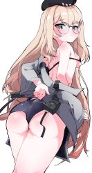 Rule 34 | 1girl, absurdres, ass, back, bare shoulders, beret, bikini, black bikini, black hat, blonde hair, blush, breasts, bullet (bullet0701), commentary request, commission, cowboy shot, from behind, girls&#039; frontline, glasses, grey jacket, hat, highres, jacket, korean commentary, long hair, looking at viewer, looking back, off shoulder, pixiv commission, red eyes, round eyewear, simple background, small breasts, solo, swimsuit, type 80 (girls&#039; frontline), underboob, very long hair, wedgie, white background