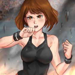 Rule 34 | 10s, 1girl, absurdres, black shirt, boku no hero academia, breasts, brown eyes, brown hair, clenched hand, crowd, debris, dirty, embers, frown, highres, large breasts, looking at viewer, open mouth, ragecndy, shirt, short hair, solo focus, stadium, sweatband, tank top, upper body, uraraka ochako