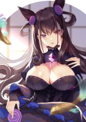 Rule 34 | 1girl, black dress, breasts, cleavage, cone hair bun, double bun, dress, facing viewer, fate/grand order, fate (series), flower, gem, hair bun, highres, itsia, juliet sleeves, large breasts, long hair, long sleeves, looking at viewer, murasaki shikibu (fate), open mouth, puff and slash sleeves, puffy sleeves, purple eyes, purple gemstone, sleeves past wrists, smile, solo, two side up, very long hair, wisteria