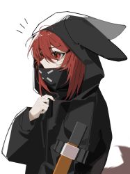 Rule 34 | 1girl, absurdres, ahoge, animal hood, arknights, black jacket, covered mouth, crownslayer (arknights), from side, hair between eyes, hair ornament, hairclip, highres, hood, hood up, hooded jacket, jacket, lihuashuangxiang, long hair, mask, mouth mask, notice lines, red eyes, red hair, simple background, solo, tail, upper body, white background, wolf girl, wolf tail