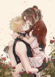 Rule 34 | 1boy, 1girl, aerith gainsborough, bare arms, blonde hair, blue eyes, blush, bracelet, braid, breasts, brown hair, cloud strife, couple, cropped jacket, dress, final fantasy, final fantasy vii, final fantasy vii remake, flower, gloves, green eyes, hair between eyes, hair ribbon, hand on another&#039;s head, highres, holding person, hug, jacket, jewelry, leg lock, long hair, medium breasts, multiple bracelets, parted bangs, parted lips, pink dress, pink ribbon, poffg 7, puffy short sleeves, puffy sleeves, red jacket, ribbon, short sleeves, sidelocks, sleeveless, sleeveless turtleneck, spiked hair, square enix, turtleneck, upper body, wavy hair, yellow background