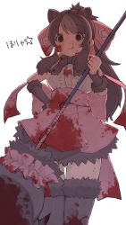 Rule 34 | 1girl, :q, absurdres, alenka, animal ears, back bow, backlighting, bear ears, bear girl, paw stick, bergman&#039;s bear (kemono friends), black eyes, black hair, blood, blood on clothes, blood on face, blood on hands, blood splatter, bloody weapon, bow, bowtie, bracer, center frills, closed mouth, empty eyes, extra ears, feet out of frame, frills, fur trim, hair bow, hand on own hip, hand up, highres, holding, holding weapon, huge bow, kemono friends, licking lips, long hair, looking down, shirt, sidelocks, simple background, skirt, smile, solo, swept bangs, thighhighs, tongue, tongue out, weapon, white background, zettai ryouiki
