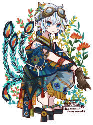 Rule 34 | 1boy, artist name, blonde hair, bloomminority, blue eyes, blue hair, fantasy, floral background, flower, goggles, goggles on head, highres, looking at viewer, male focus, multicolored hair, orange hair, original, peacock feathers, red flower, sandals, short hair, solo, twitter username, white background, white hair