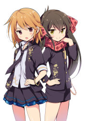 2girls animal_print black_hair black_jacket black_necktie black_shorts black_skirt blurry blush bow bracelet breasts brown_eyes closed_mouth cowboy_shot depth_of_field dot_nose gold_bracelet hair_between_eyes hair_bow hair_ribbon hand_on_own_hip hand_up idolmaster idolmaster_cinderella_girls idolmaster_cinderella_girls_starlight_stage jacket jewelry leopard_print long_hair long_sleeves looking_at_viewer matoba_risa miniskirt multiple_girls necktie odawara_hakone open_mouth orange_hair pleated_skirt print_ribbon print_scarf red_ribbon ribbon scarf shirt shorts simple_background skirt small_breasts smile standing thighs twintails white_background white_shirt yellow_eyes yuuki_haru