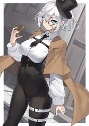 Rule 34 | 1girl, absurdres, black hat, blue eyes, breasts, clock, closed mouth, commentary request, eyes visible through hair, hat, highres, holding, huge filesize, large breasts, long sleeves, looking at viewer, monocle, original, round eyewear, shirt, short hair, solo, standing, white hair, white shirt, yamanokami eaka