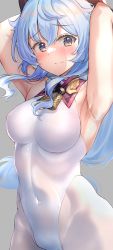 Rule 34 | alternate costume, armpits, arms up, bare arms, bell, blue hair, blush, bodystocking, bodysuit, breasts, covered navel, crotch, dress, embarrassed, ganyu (genshin impact), genshin impact, gold trim, highres, horns, leotard, leotard under clothes, long hair, looking at viewer, medium breasts, multicolored eyes, neck bell, paid reward available, pelvic curtain, presenting armpit, rope, shiitake taishi, sidelocks, sleeveless, solo, wavy mouth, white legwear, white leotard