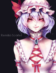 Rule 34 | 1girl, adapted costume, black background, breasts, brooch, character name, dress, elbow gloves, gloves, glowing, glowing eyes, hat, hat ribbon, jewelry, licking lips, ling (vivianling), looking at viewer, mob cap, pink dress, portrait, purple hair, red eyes, remilia scarlet, ribbon, short hair, simple background, small breasts, smile, solo, tongue, tongue out, touhou, upper body