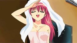 Rule 34 | 1girl, animated, animated gif, blush, bouncing breasts, breasts, cleavage, close-up, indoors, konoe sunao, long hair, medium breasts, naked towel, nude, out-of-frame censoring, red eyes, red hair, salute, screencap, standing, talking, towel, towel on head, towel slip, tsuyokiss, upper body, wardrobe malfunction