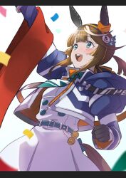 Rule 34 | 1girl, animal ears, belt, black gloves, blue jacket, brown hair, commentary request, confetti, ear covers, gloves, green eyes, green necktie, hair between eyes, hairband, highres, horse ears, horse girl, horse tail, jacket, long hair, long sleeves, meikei yell (racehorse), multicolored hair, necktie, open clothes, open jacket, open mouth, orange hairband, personification, ponytail, real life, shirt, skirt, solo, sweat, tail, teeth, umamusume, upper teeth only, white background, white shirt, white skirt, yokoji (kodai2015)