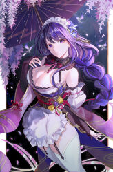 Rule 34 | 1girl, alternate costume, apron, arm at side, arm garter, black garter straps, black gloves, braid, breasts, cleavage, commentary, cowboy shot, crystalfly (genshin impact), enmaided, falling petals, flower, frilled apron, frilled garter, frilled hairband, frills, garter straps, genshin impact, gloves, hair flower, hair ornament, hairband, hand up, highres, lace trim, large breasts, long hair, looking at viewer, low-braided long hair, low-tied long hair, maid, maid apron, maid headdress, mole, mole under eye, obi, oil-paper umbrella, parted lips, partially fingerless gloves, petals, pillarboxed, purple eyes, purple flower, purple hair, raiden shogun, sash, single braid, solo, symbol-only commentary, thighhighs, uli (bredkgod), umbrella, vision (genshin impact), white apron, white thighhighs, wide sleeves, wisteria, zettai ryouiki
