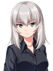 Rule 34 | 1girl, black shirt, blue eyes, casual, closed mouth, collared shirt, commentary, frown, girls und panzer, highres, itsumi erika, long hair, looking at viewer, shirt, silver hair, simple background, solo, upper body, white background, zanntetu