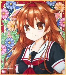 Rule 34 | 1girl, black serafuku, blush, brown eyes, brown hair, closed mouth, commentary request, floral background, hair flaps, hairband, highres, kantai collection, long hair, looking at viewer, mayuki (nami1120), neckerchief, red hairband, red neckerchief, school uniform, serafuku, shiratsuyu (kancolle), shiratsuyu kai ni (kancolle), smile, solo, traditional media, twitter username, upper body, whistle, whistle around neck