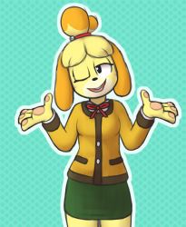Rule 34 | 1girl, animal crossing, animal ears, animal hands, bell, black eyes, blonde hair, blue background, blush stickers, breasts, buck teeth, cowboy shot, dog ears, dog girl, female focus, furry, furry female, green skirt, hair bell, hair ornament, hair tie, half-closed eye, hands up, head tilt, highres, isabelle (animal crossing), jacket, jingle bell, looking to the side, maypul syrup, miniskirt, neck ribbon, nintendo, one eye closed, open mouth, outline, pawpads, pencil skirt, red ribbon, ribbon, shirt, short hair, shrugging, simple background, skirt, small breasts, smile, solo, standing, teeth, topknot, white outline, white shirt, wink, yellow jacket