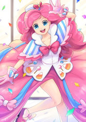 Rule 34 | 1girl, blue eyes, bow, bowtie, candy, candy corn, confetti, dress, female focus, food, gloves, lollipop, my little pony, my little pony: friendship is magic, personification, pink hair, pinkie pie, qi&#039;e (penguin), smile, solo, thighs