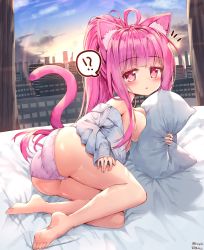 Rule 34 | !?, 1girl, :o, ^^^, absurdres, ahoge, animal ear fluff, animal ears, artist name, ass, bare legs, bare shoulders, barefoot, bed sheet, blush, breast press, breasts, cat ears, cat tail, cityscape, cloud, curtains, day, dress shirt, feet, hand on own thigh, highres, indoors, long hair, long sleeves, medium breasts, no bra, hugging object, off shoulder, on bed, open clothes, open mouth, open shirt, original, panties, pillow, pillow hug, pink eyes, pink hair, pink panties, ponytail, shirt, sidelocks, sky, soles, solo, spoken interrobang, sunlight, tail, tandohark, toes, twitter username, underwear, white shirt, window