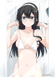 Rule 34 | 1girl, bikini, bikini top only, black hair, blue eyes, breasts, collarbone, commentary request, fitting room, glasses, hairband, holding, holding clothes, holding swimsuit, indoors, kantai collection, long hair, mikage takashi, mirror, navel, ooyodo (kancolle), reflection, school uniform, serafuku, small breasts, solo, stomach, swimsuit, twitter username, white bikini, white hairband
