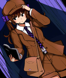 Rule 34 | &gt;:), 1girl, bag, book, bow, brown jacket, brown shorts, checkered clothes, checkered necktie, checkered neckwear, collared shirt, commentary request, fang, hair bow, hat, hat tip, himekaidou hatate, himeshita johnny mafuyu, holding, holding book, jacket, mid win h, necktie, pointy ears, purple bow, purple eyes, shirt, shorts, shoulder bag, solo, touhou, twintails, v-shaped eyebrows, white shirt