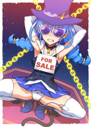 Rule 34 | 1girl, ankle boots, armpits, arms behind head, black shirt, blue-tinted eyewear, blue-tinted glasses, blue cat (precure), blue footwear, blue hair, blue skirt, blush, boots, bound, bound wrists, braid, breasts, cat tail, chain, cleavage, clenched teeth, covered erect nipples, denki showgun, detached collar, dutch angle, elbow gloves, facing viewer, gloves, hat, highres, long hair, medium breasts, miniskirt, panties, pink-framed eyewear, pleated skirt, pointy ears, precure, purple-tinted eyewear, purple hat, pussy juice, pussy juice drip through clothes, pussy juice puddle, restrained, scowl, sex toy, shirt, sign, sign around neck, skirt, solo, spread legs, squatting, star twinkle precure, sunglasses, tail, teeth, thighhighs, tinted eyewear, top hat, twin braids, twintails, underwear, v-neck, vibrator, vibrator in thighhighs, vibrator under clothes, vibrator under panties, white gloves, white panties, white thighhighs, yuni (precure)