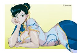 Rule 34 | 1girl, black hair, bracelet, breasts, brown hair, capcom, china dress, chinese clothes, chun-li, double bun, dress, earrings, hair bun, highres, jewelry, looking at viewer, muscular, pants, short hair, simple background, solo, street fighter, street fighter 6, thick thighs, thighs, yshua
