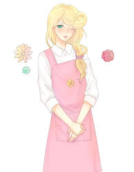 Rule 34 | 10s, 1boy, 1girl, androgynous, apron, bad id, bad pixiv id, blonde hair, flower, green eyes, hanase kaoru, long hair, open mouth, simple background, solo, tamako market, trap, white background