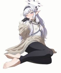 Rule 34 | 1girl, barefoot, black gloves, black hairband, black leggings, blue archive, blush, closed mouth, dress, flower, gloves, grey hair, grey halo, hair flower, hair ornament, hair tubes, hairband, halo, highres, himari (blue archive), jacket, leggings, long hair, long sleeves, looking at viewer, moio52, mole, mole under eye, one eye closed, pointy ears, purple eyes, simple background, solo, striped clothes, striped hairband, toes, white background, white dress, white flower, white jacket