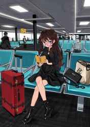 Rule 34 | 1girl, absurdres, airport, ankle boots, bag, unworn bag, bench, black bag, black footwear, black legwear, black shirt, black skirt, blue eyes, blush, book, boots, brown hair, carpet, ceiling, ceiling light, clothing cutout, comiket 99, cover, cover page, crossed legs, elisia valfelto, eyebrows hidden by hair, full body, glasses, hair behind ear, hair intakes, handbag, hands up, high-waist skirt, highres, holding, holding book, indoors, jewelry, lights, long hair, long sleeves, looking at viewer, looking to the side, luggage, luicent, necklace, open book, original, parted lips, people, reading, ribbed legwear, rolling suitcase, scenery, shiny footwear, shirt, shirt tucked in, shoulder bag, sidelocks, sign, sitting, skirt, socks, solo focus, suitcase, thick eyebrows, window, yellow-framed eyewear