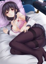 Rule 34 | 10s, 1girl, :o, ahoge, bed, black hair, blush, bow, bow bra, bra, breasts, commentary request, creatures (company), frilled pillow, frills, game freak, gen 3 pokemon, highres, kantai collection, large breasts, lying, nintendo, on bed, on side, open bra, open clothes, open shirt, panties, panties under pantyhose, pantyhose, pillow, pink bra, smoking pipe, pleated skirt, pokemon, pokemon (creature), red eyes, shirt, skirt, solo, stuffed animal, stuffed toy, taigei (kancolle), takehana note, tareme, thighband pantyhose, underwear, wailord, whale