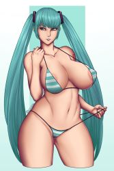 Rule 34 | 1girl, absurdres, adjusting clothes, adjusting swimsuit, aqua background, aqua eyes, aqua hair, areola slip, bare shoulders, bemannen, bikini, breasts, collarbone, cowboy shot, gradient background, hatsune miku, highres, huge breasts, long hair, looking to the side, matching hair/eyes, navel, parted lips, solo, striped bikini, striped clothes, swimsuit, twintails, very long hair, vocaloid