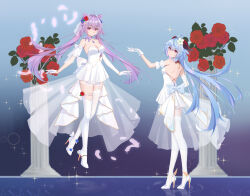 Rule 34 | 2girls, absurdres, backless dress, backless outfit, blue hair, bow, breasts, chinese commentary, cleavage, dress, floating hair, flower, full body, ganyu (genshin impact), garter straps, genshin impact, gloves, hair between eyes, hair flower, hair ornament, high heels, highres, horns, ironmarch, keqing (genshin impact), layered dress, long hair, medium breasts, multiple girls, pleated dress, purple bow, purple hair, red eyes, red flower, red rose, rose, short dress, shoulder blades, sleeveless, sleeveless dress, sparkle, standing, thighhighs, twintails, very long hair, wedding dress, white dress, white flower, white gloves, white thighhighs, yuri