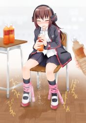 Rule 34 | 1girl, ^ ^, bdsm, black jacket, black socks, blue skirt, blurry, blurry background, blush, bondage, bottle, bound, bound legs, brown hair, chair, closed eyes, collared shirt, crying, desk, disembodied limb, drink, embarrassed, female focus, flat chest, full body, gokiburi no dashi, hands up, headphones, highres, holding, holding bottle, holding drink, indoors, jacket, japanese text, jump rope, kneehighs, long hair, long sleeves, miniskirt, nose blush, on chair, open clothes, open jacket, open mouth, original, pee, peeing, peeing self, pleated skirt, pocket, pov, puddle, raised eyebrows, red footwear, red trim, school chair, school desk, school uniform, shirt, shoes, sidelocks, sitting, skirt, socks, solo focus, steam, sweat, tea, tears, translation request, wet, wet clothes, wet skirt, white shirt, wooden floor