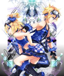 Rule 34 | 1boy, 1girl, bare shoulders, black gloves, blonde hair, blue shirt, blue skirt, boots, burning stone (module), chain, chain necklace, checkered clothes, checkered skirt, crop top, fingerless gloves, from side, gloves, goggles, goggles on head, grin, hair ornament, hair scrunchie, hand on own hip, headband, highres, jewelry, kagamine len, kagamine rin, knee boots, lightning stone (module), looking at viewer, necklace, outstretched arm, pants, parted lips, project diva (series), scrunchie, shirt, short hair, sideways glance, skirt, skull print, smile, tank top, track pants, tyouya, vocaloid, white background, wrist scrunchie