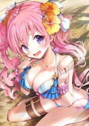 Rule 34 | 1girl, breasts, highres, large breasts, looking at viewer, natsushima memo, open mouth, pink hair, princess connect!, purple eyes, swimsuit, tsumugi (princess connect!), twintails