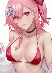 1girl, bare shoulders, bikini, bikini top, black choker, blush, bow, braid, breasts, choker, collarbone, commentary, covered nipples, english commentary, eyebrows visible through hair, girls frontline, hair bow, hair ornament, hair ribbon, hexagram, highres, large breasts, looking at viewer, negev (girls frontline), parted lips, pink bow, pink eyes, pink hair, pink ribbon, red bikini, red eyes, ribbon, selcky, simple background, smile, solo, star of david, swimsuit, upper body