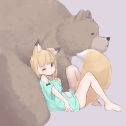 Rule 34 | 1girl, 1other, absurdres, animal, animal ear fluff, animal ears, barefoot, bear, between legs, blonde hair, brown eyes, chi99tai, feet, fox ears, fox girl, fox tail, from side, green shirt, highres, knees up, legs, looking at viewer, lying, lying on animal, no pants, on back, original, shirt, short hair, short sleeves, tail, tail between legs, thighs, toes