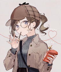 Rule 34 | 1girl, bag, blue eyes, breasts, brown hair, brown headwear, brown jacket, commentary, dated, deerstalker, food, food in mouth, grey background, grey sweater, hair ornament, hairclip, hands up, hat, heart, holding, holding food, horiizumi inko, jacket, long sleeves, looking at viewer, open clothes, open jacket, original, plaid headwear, pocky, pocky day, polka dot, polka dot background, ponytail, ribbed sweater, round eyewear, shoulder bag, simple background, sleeves past wrists, small breasts, solo, sweater, symbol-only commentary, upper body, x hair ornament